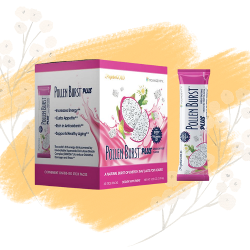 Box and individual packet of Pollen Burst Plus, a dietary supplement.