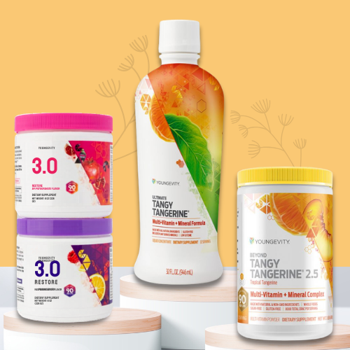 Collection of dietary supplement bottles with tangy orange flavor, including Younggevity Tangy Tangerine bottles and a bottle of Tangy Tangerine 3.0 in the background.