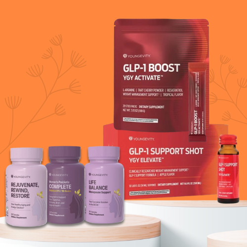 Supplements and health support products from Younggevity, including GLP-1 BOOST, GLP-1 SUPPORT SHOT, REJUVENATE, WOMEN'S PROBIOTIC COMPLETE, and LIFE BALANCE, displayed on a wooden and white surface against an orange background.