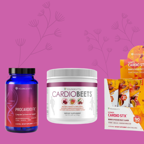 Supplements and snacks for cardiovascular health on a purple background with floral design.