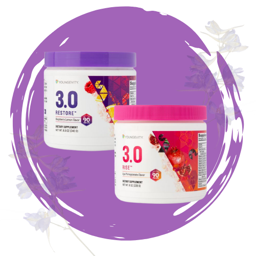 Two containers of Younggevity dietary supplements, one labeled 'RESTORE' with a purple lid and the other labeled 'RISE' with a pink lid, against a purple background with lavender flowers.