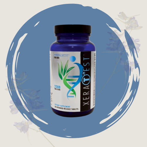 Blue bottle of dietary supplement Xenatest with herbal design, labeled for men's hormonal support, 2500 dosage, on a circular blue background with light floral accents.