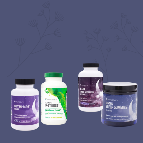 Four supplement bottles on a dark purple background with a subtle botanical pattern.