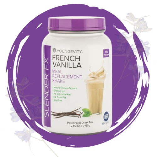 Container of Youngeity French Vanilla meal replacement shake powder with an illustration of a vanilla drink and vanilla beans on purple background.