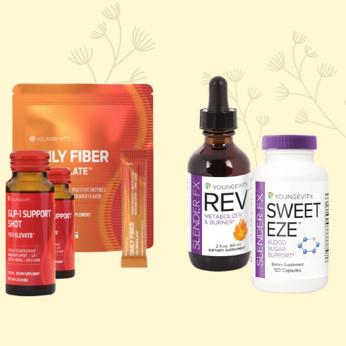 Assorted dietary supplements including powder packages, pill bottles labeled REVE, and SweeT EZE capsules, all from Younggevity.