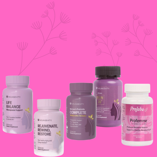 Five bottles of dietary supplements and vitamins on a pink background with simple line drawings of plants.