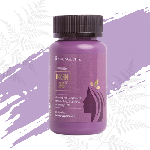Purple bottle of Youngevity Iron 26 dietary supplement with a purple background and leafy design.