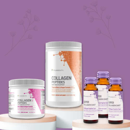 Supplements on display with purple background and floral design, including collagen peptide powder and collagen shot bottles.