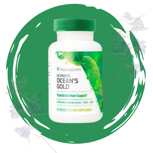 Bottle of Youngevity Ultimate Ocean's Gold dietary supplement with label indicating support for thyroid and heart, surrounded by purple and green flowers.