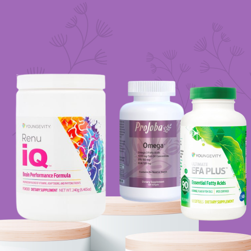 Three bottles of dietary supplements on a white and pink platform against a purple background with faint floral patterns.