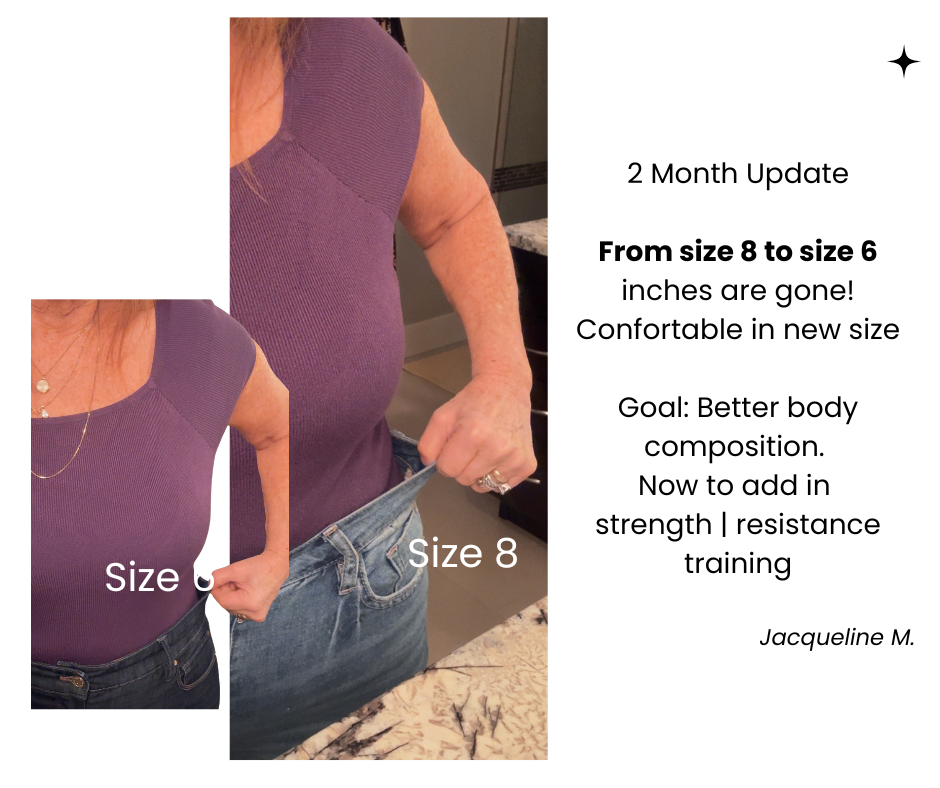Woman in pant that are too big and then in smaller size showing results and being healthy
