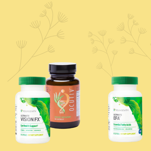 Three bottles of dietary supplements on a yellow background with leaf and branch illustrations.