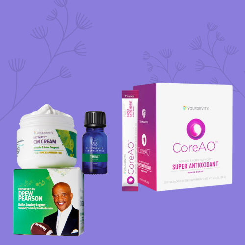 Supplements and skincare products, including CoreAO Super Antioxidant, a blue bottle, a jar of cream endorsed by Drew Pearson, and other health products, arranged against a purple background with abstract plant illustrations.