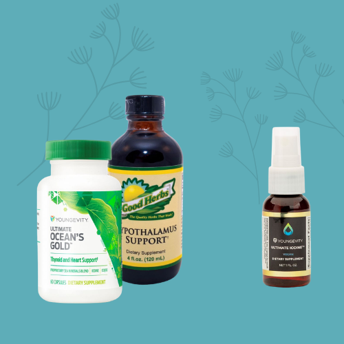 Three bottles of dietary supplements against a light blue background with a subtle floral pattern.