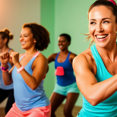 Group of women participating in a fitness class, smiling and doing arm exercises.