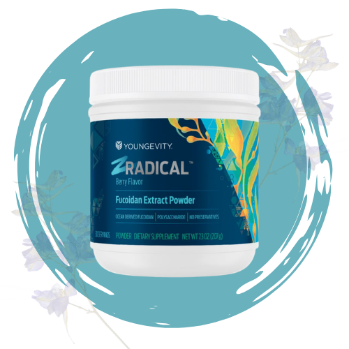 Container of Youngevity RADICAL Berry Flavor Fucoidan Extract Powder with a botanical design on a blue background, surrounded by purple flowers.