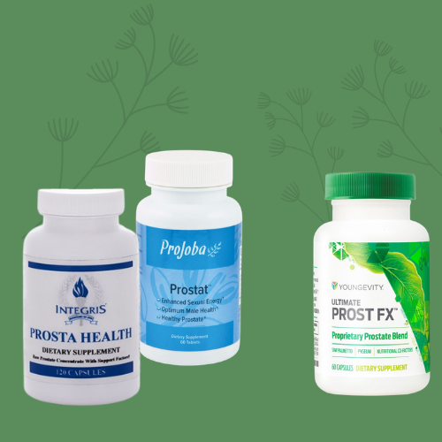 Three bottles of dietary supplements for prostate health against a green background with faint plant illustrations.