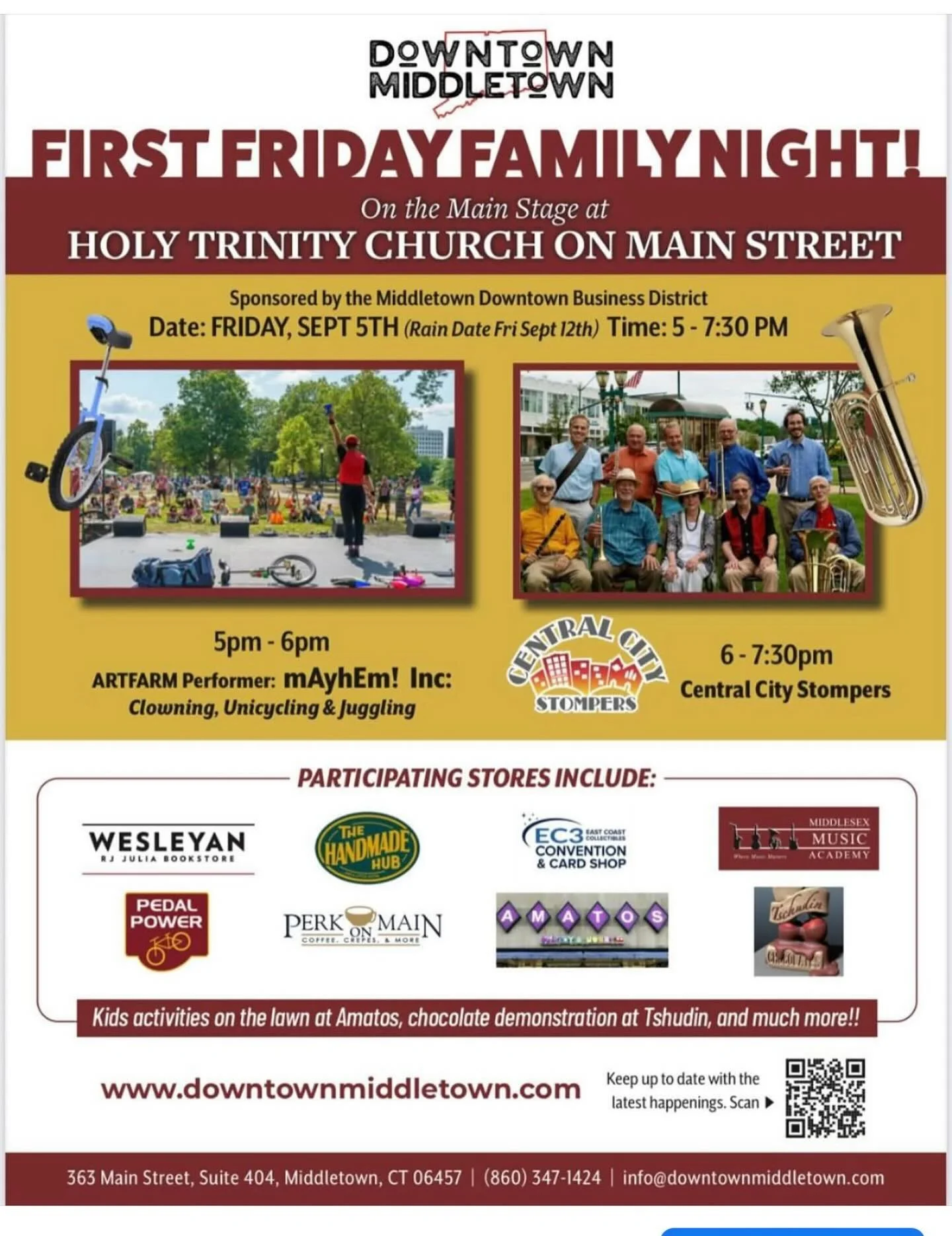 Join us in @downtownmiddletownct! All events are FREE! @amatosmiddletown @wesrjjulia @middlesex_music_academy @reviveartandcraftsupply @the_handmade_hub_ct @ec3con @perkonmain @tschudinchocolates @oddfellowsplayhouse