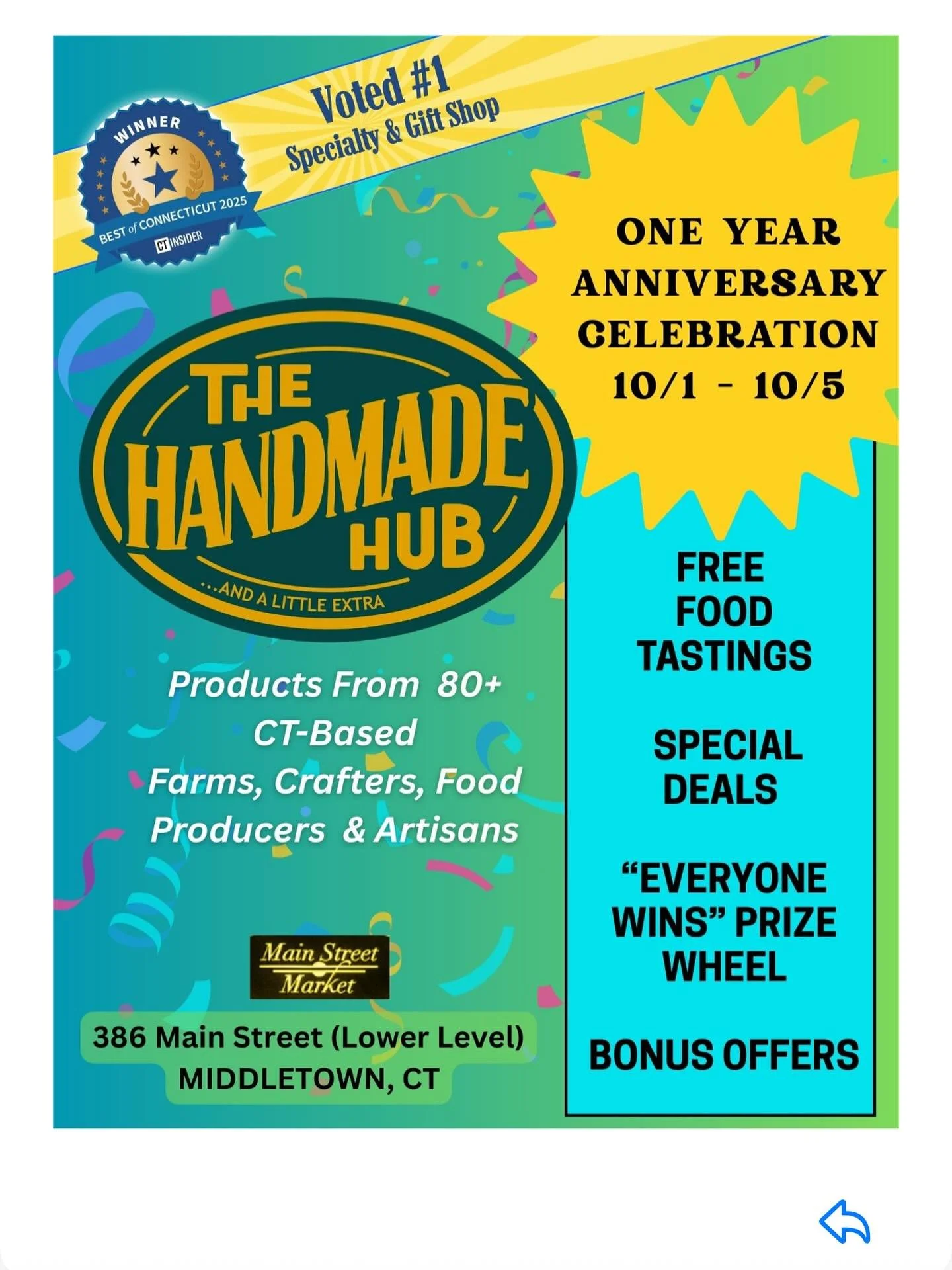 Voted #1 by CT Magazine! Come celebrate @the_handmade_hub_ct  from Oct 1-act 5 ! #dtmiddletownshops #dtmiddletowntreats #dtmiddletown