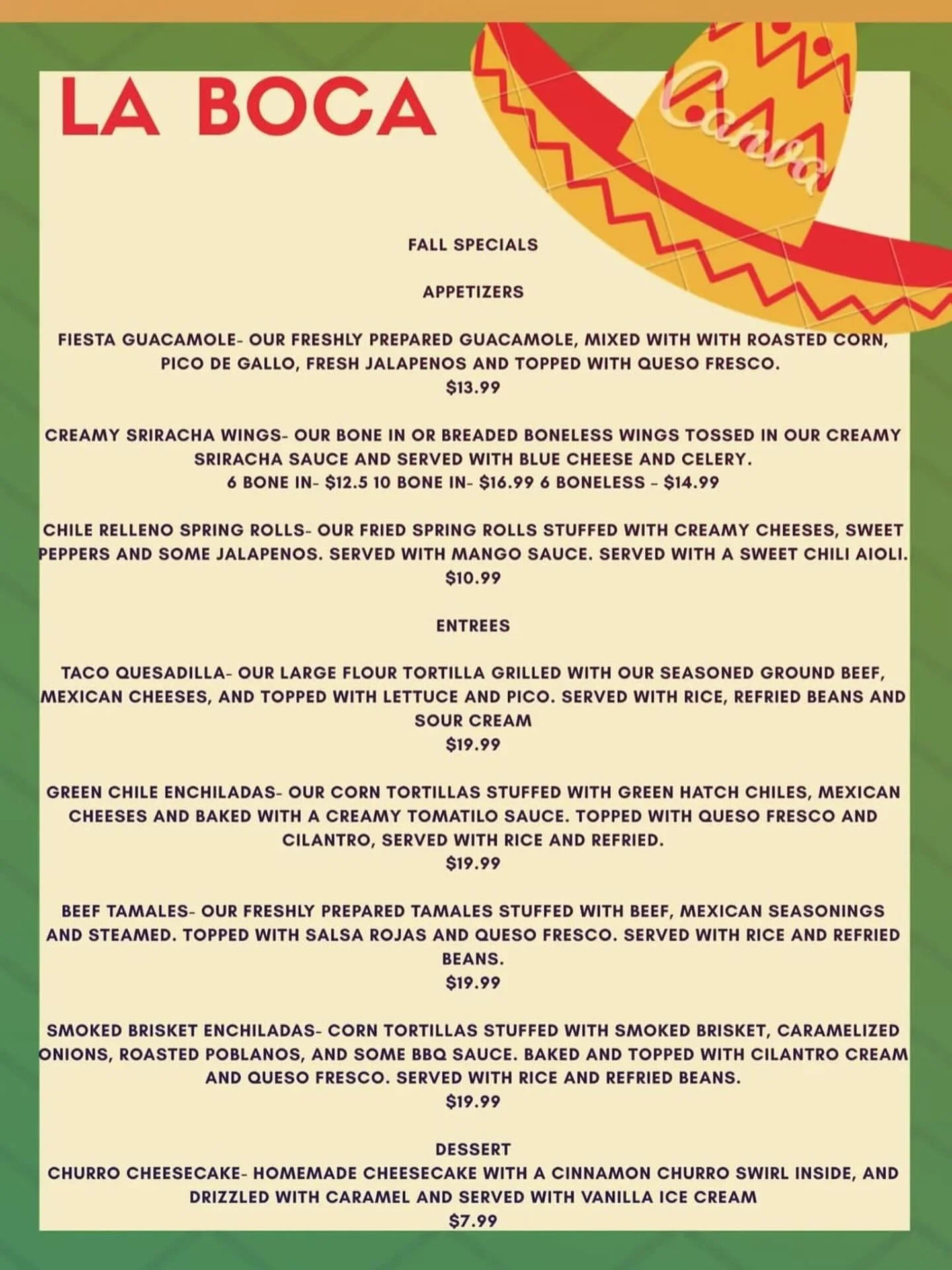 @labocamexican

Dinner goes to 10. All new specials. Smoked Brisket Enchiladas, Taco Quesadilla, and Chile Releno Spring Rolls. And a Churro Cheesecake. We got our DJ going at 10 too.
-
#dtmiddletown
 #dtmiddletownshops
 #dtmiddletowntreats