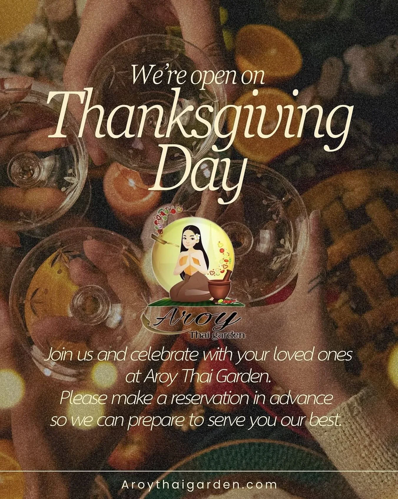@aroy_thai_garden

Thanksgiving is all about sharing good food and warm moments together. 🍁✨
We&rsquo;re open and ready to celebrate this special day with you!
Reserve your table now and let&rsquo;s make this Thanksgiving one to remember. 🤎🤎
☎️ Ar