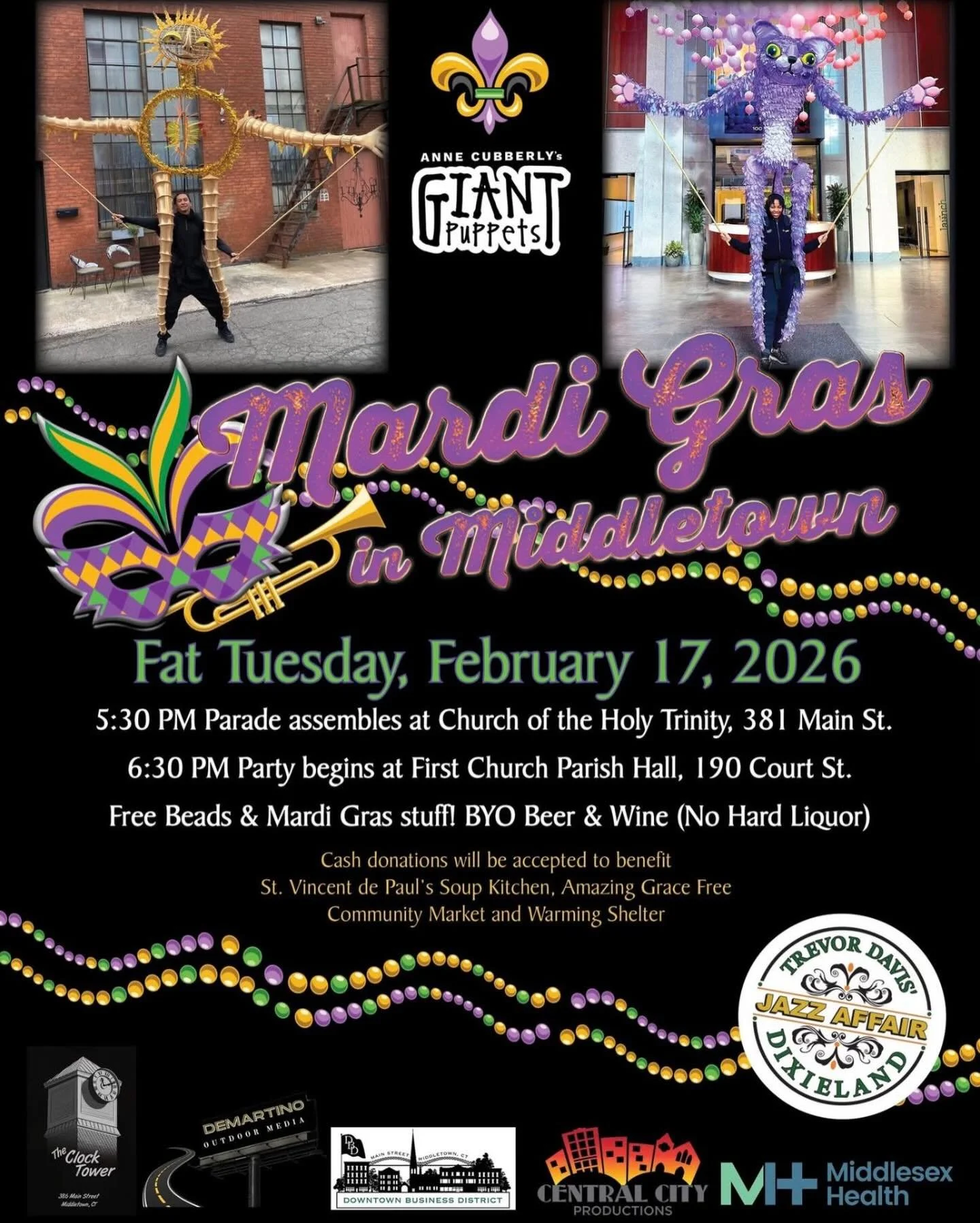 Mardi Gras in Middletown, Tuesday, Feb. 17! Don&rsquo;t let Rio and Nice get all the fun of Carnivale, come to downtown Middletown and join the parade! It will be the warmest day in months, and it&rsquo;s FREE!
For the parade assemble at 5:30 at Holy
