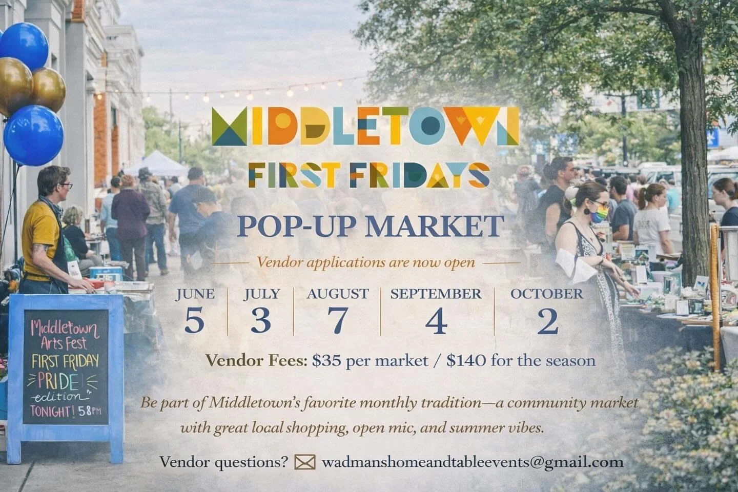 @middletownfirstfridays

🚨 VENDOR APPLICATIONS OPEN 🚨

There&rsquo;s nothing better than summer nights in Middletown 🌿

We&rsquo;re so excited to bring back First Fridays &mdash; a monthly market filled with local shopping, open mic, and community