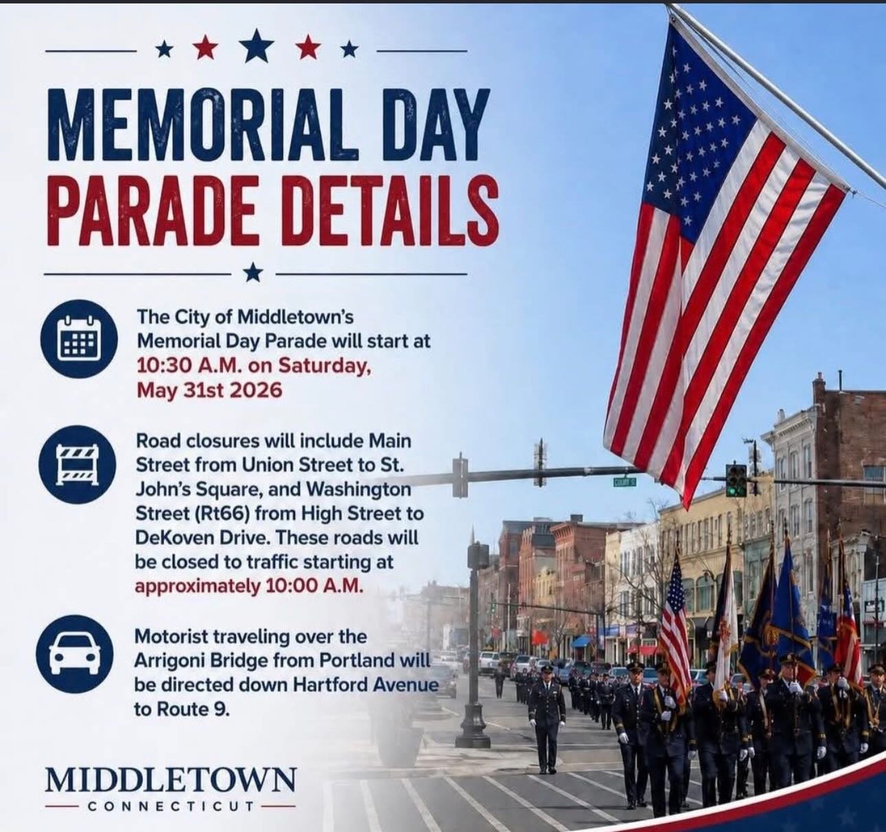 Today&rsquo;s parade info, rescheduled from Monday. @downtownmiddletownct