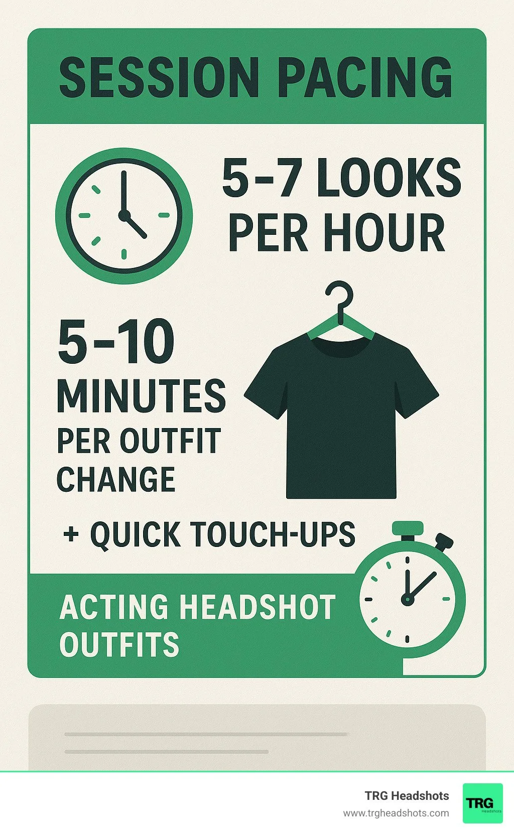infographic showing session pacing: 5-7 looks per hour with 5-10 minutes per outfit change including quick touch-ups - acting headshot outfits infographic