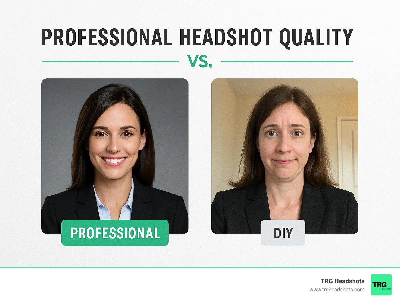 Comparison showing professional headshot quality versus DIY attempts - corporate headshots dallas cost infographic