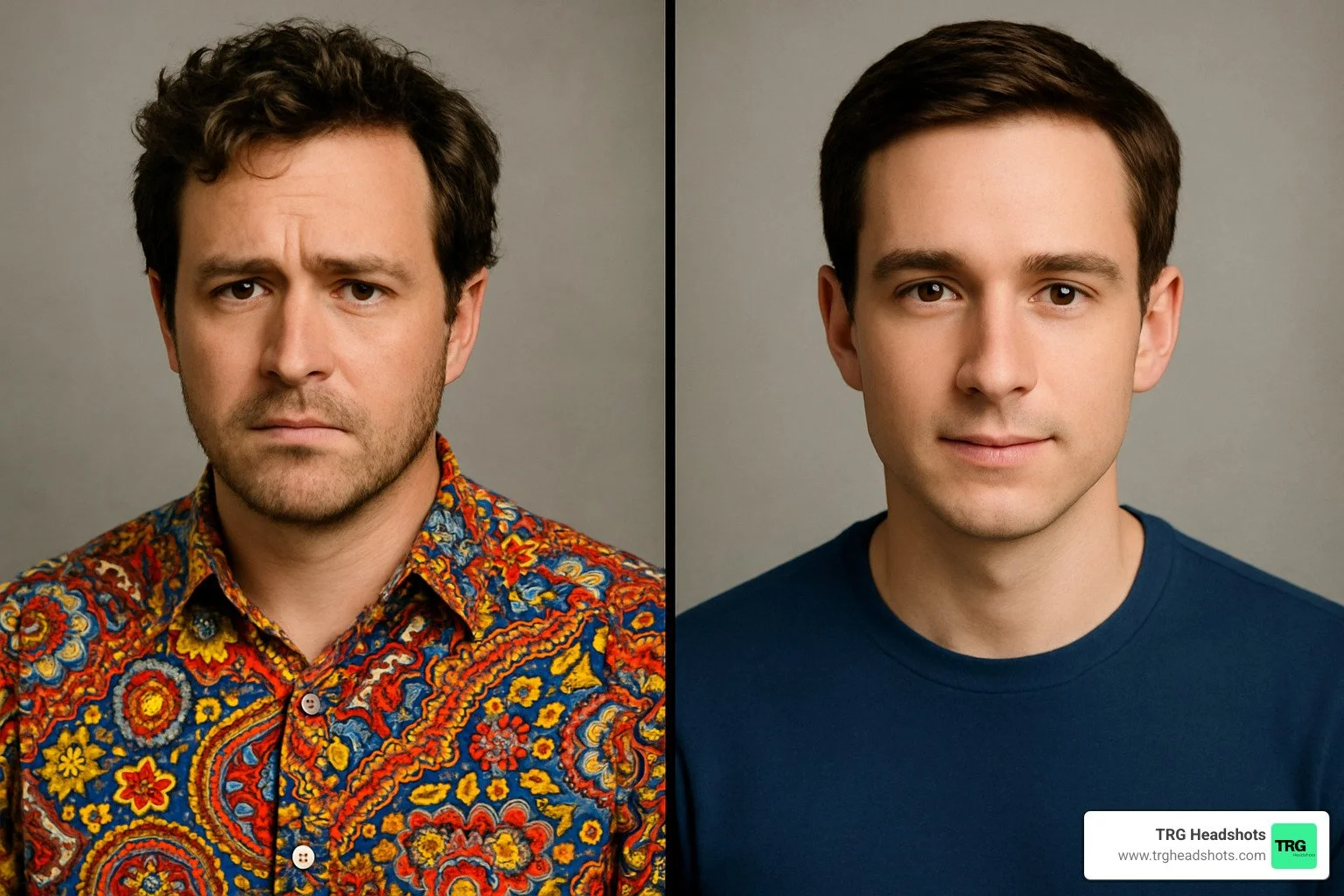 actor in distracting patterned shirt vs clean solid color - acting headshot outfits