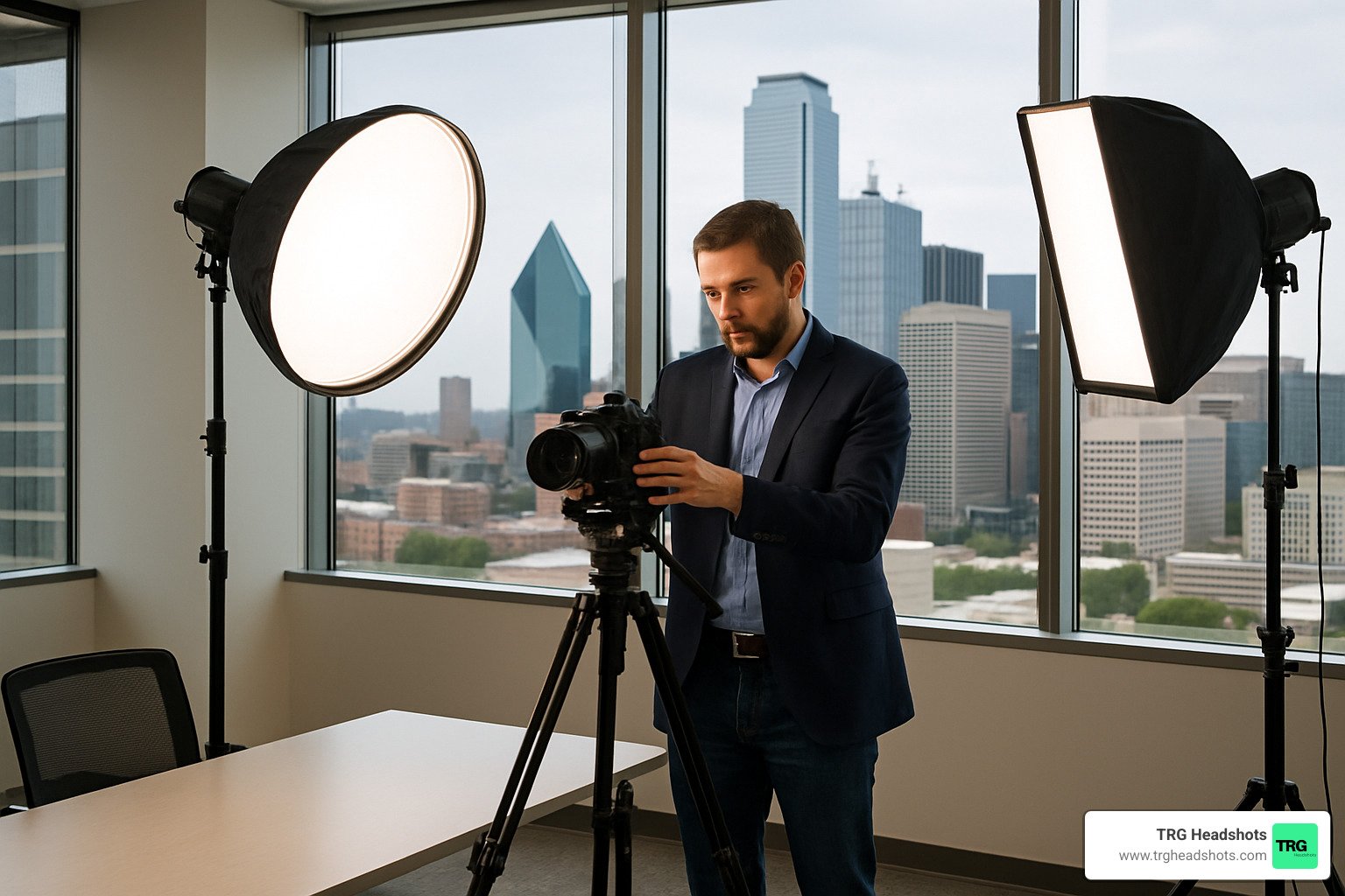 Dallas photographer setting up mobile studio equipment - corporate headshots dallas cost