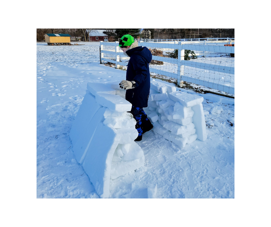 Fear less Child building igloo in field in VT