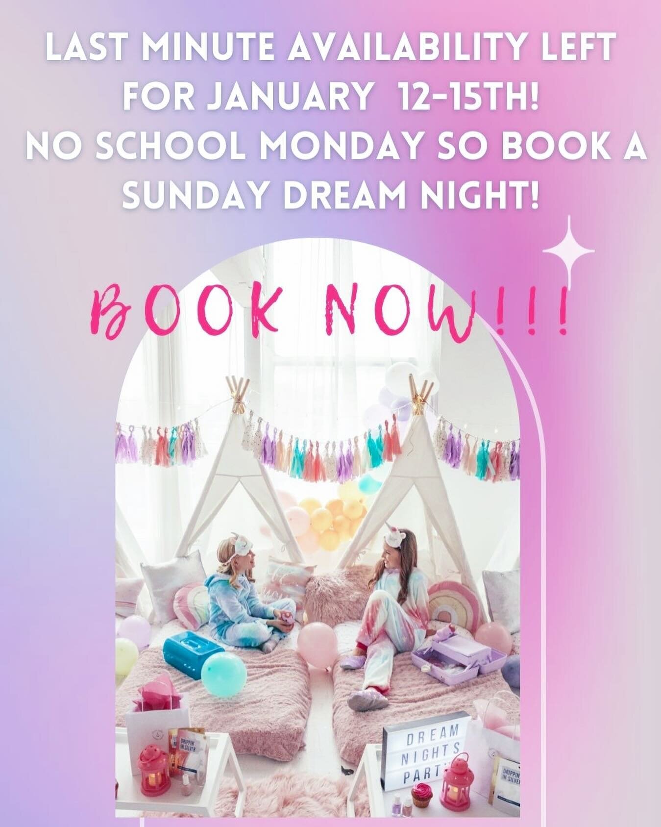 Looking for a way to create EPIC memories during a long holiday weekend? 🩷 We are sold out for most of January, but can squeeze in a few last minute DREAM NIGHTS 1/12-1/15th! 
.
.
.
.

 #winterpartyideas #indoormovienight #dreamy #dreamnightsslumber