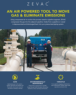 Two workers in safety gear operating an air-powered tool near pipelines, with a blue ZEVAC vehicle outdoors in a field setting.