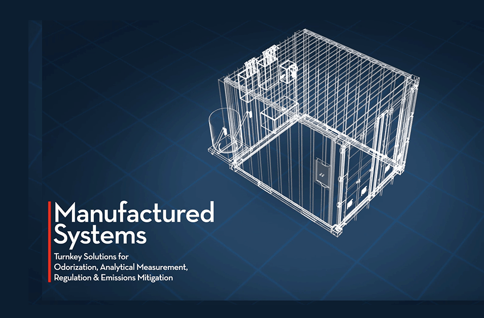 Blueprint of 3D  manufactured system with labeled components for odorization, analytical measurement, regulation, and emissions mitigation.