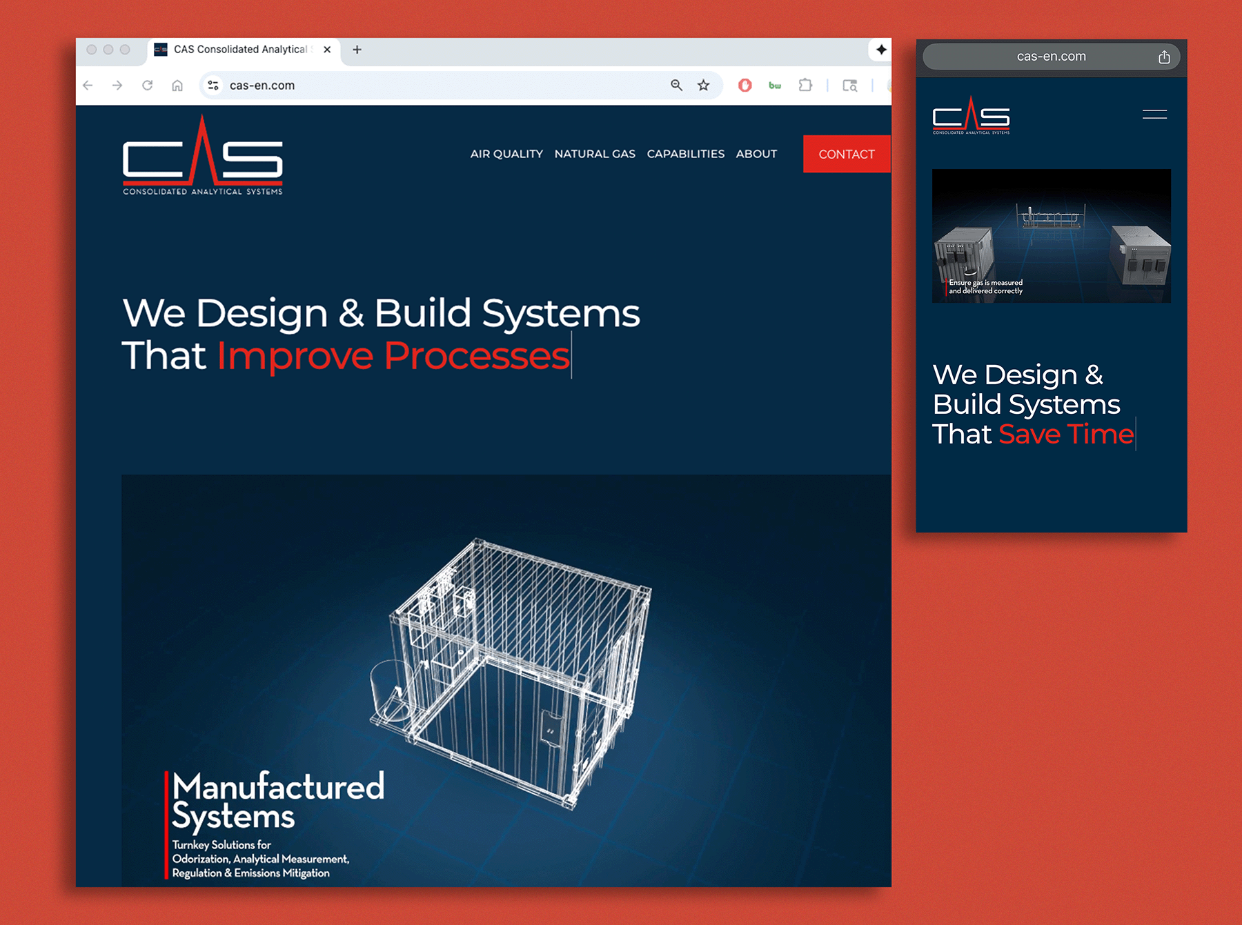 Screenshot of a website homepage for CAS, a company that designs and builds systems, with the slogan 'We Design & Build Systems That Improve Processes.' The website features a dark blue background, a logo with the letters CAS, a navigation menu, and a highlighted message about saving time. The mobile version is also shown with a similar layout.