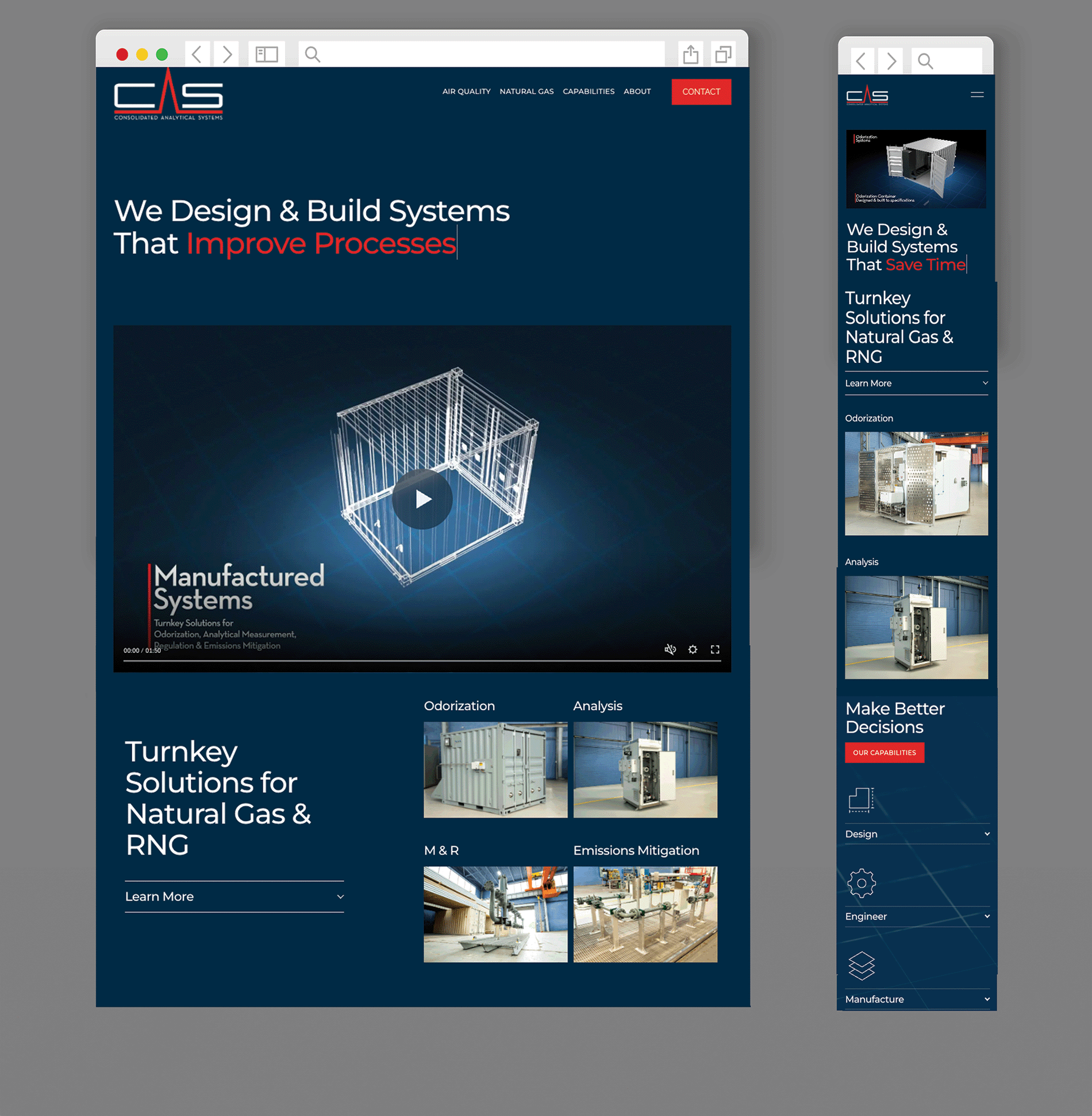 Website homepage for Consolidated Analytical Systems, displaying company logo, navigation menu, video thumbnail with 3D system design, and sections about turnkey solutions for natural gas and RNG, odorization, analysis, and emissions mitigation.