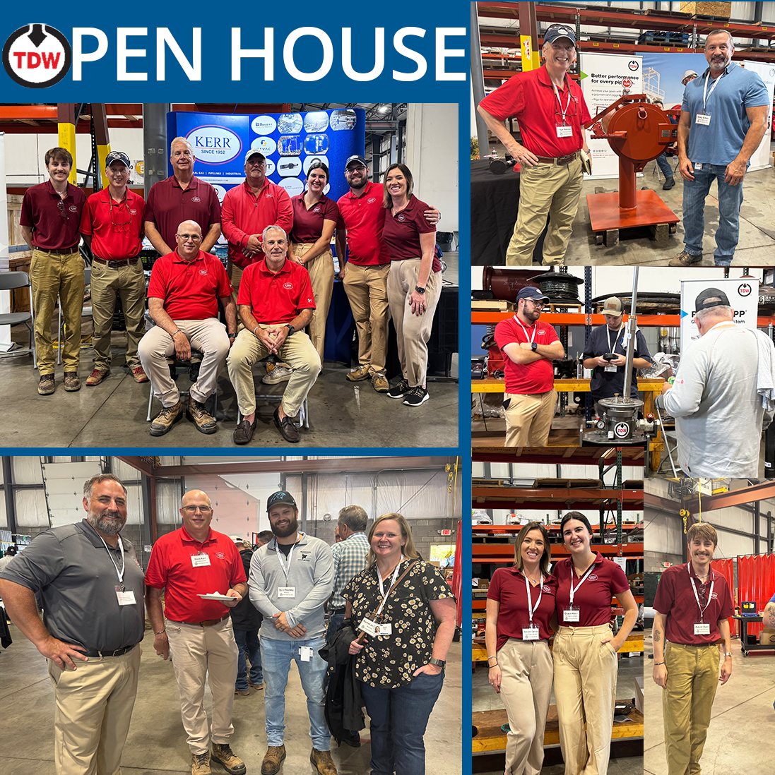 Group photos of people at a TDW open house event, standing in industrial warehouse setting with machinery, displays, and signage related to the company.