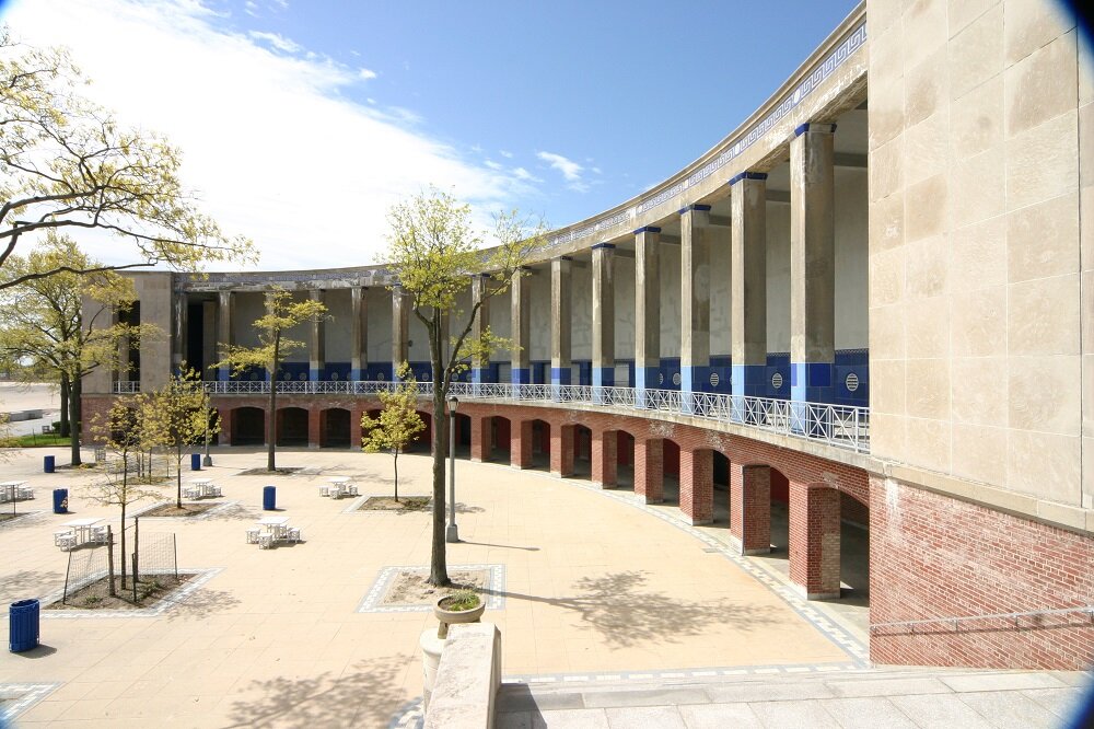 Orchard Beach Pavilion. Built 1936 under Parks Commissioner Robert Moses. Architect-Aymar Embury II. New York City landmark. Style called Classical Modern or WPA Moderne.