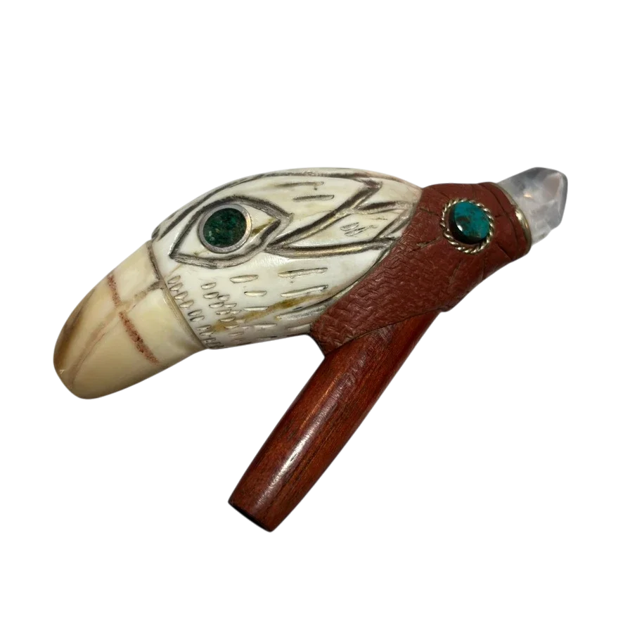 Aztec Ayahuasca Pipe - Sea Lion Bone Eagle w. Quartz