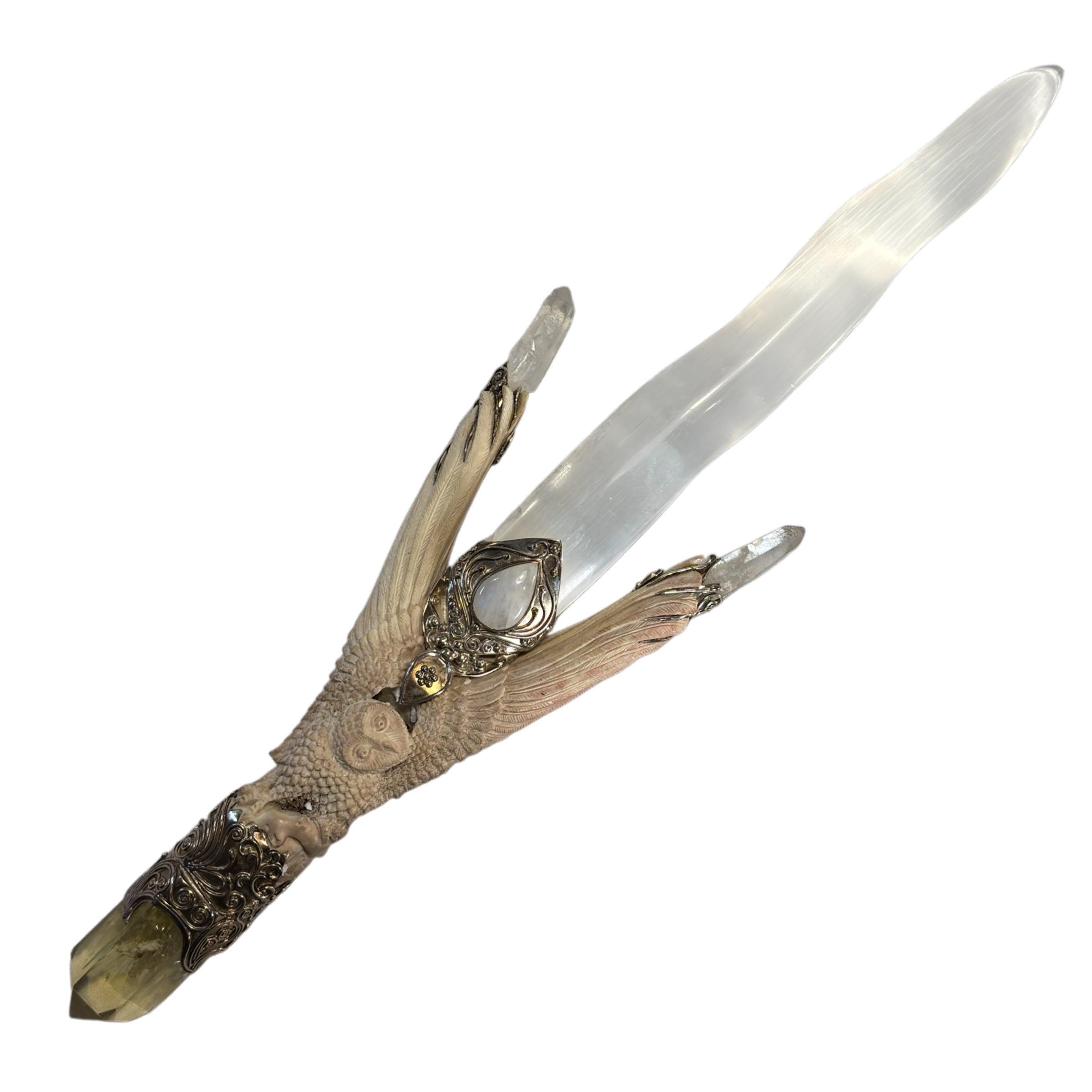 Selenite  and Lemon Quartz Owl Wand - For Change and Prosperity