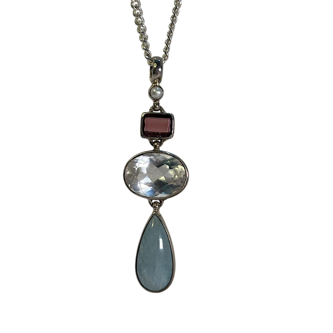 Tourmaline, Aquamarine & Pearl Tiered Pendant