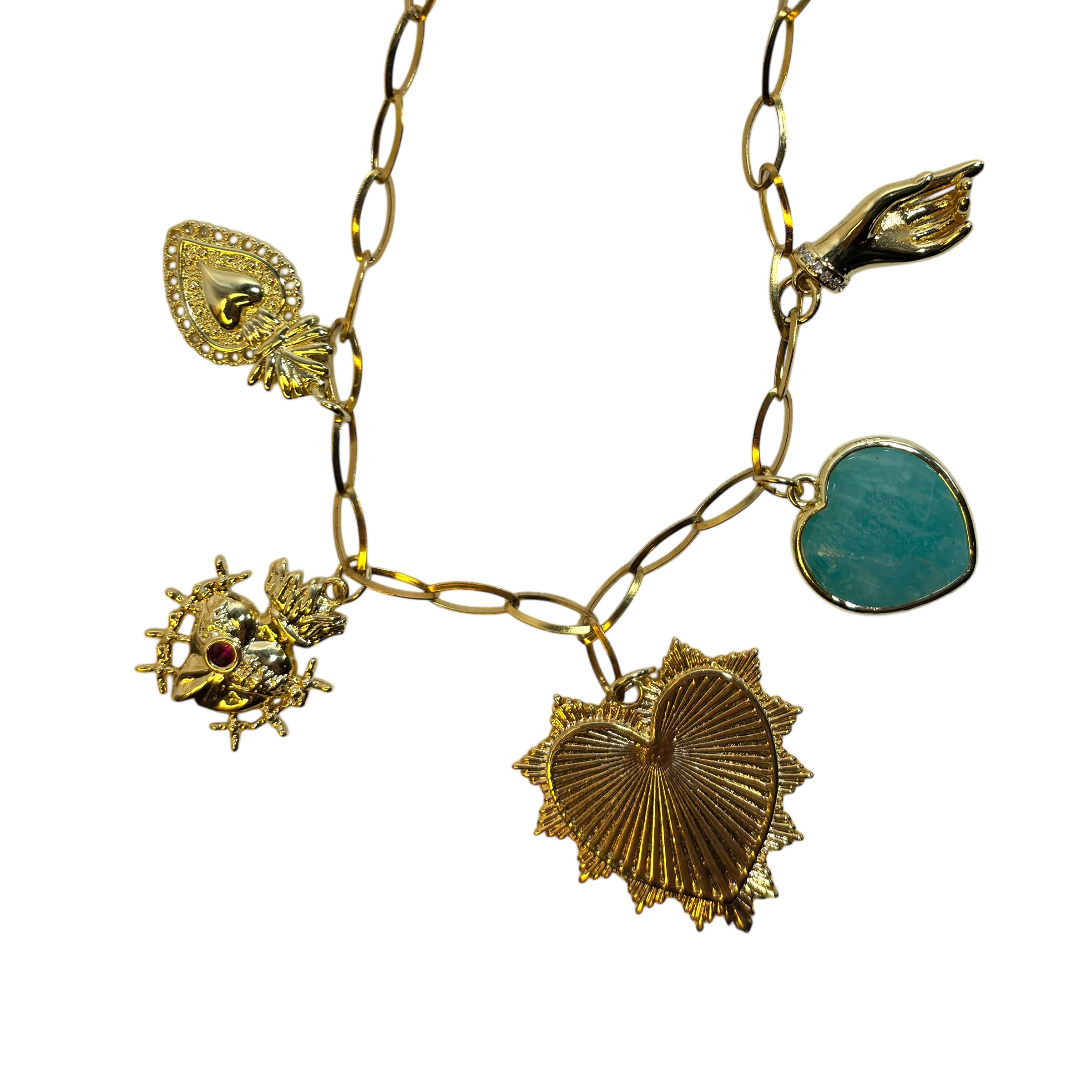 Sacred Heart Charm Necklace (Aquamarine)