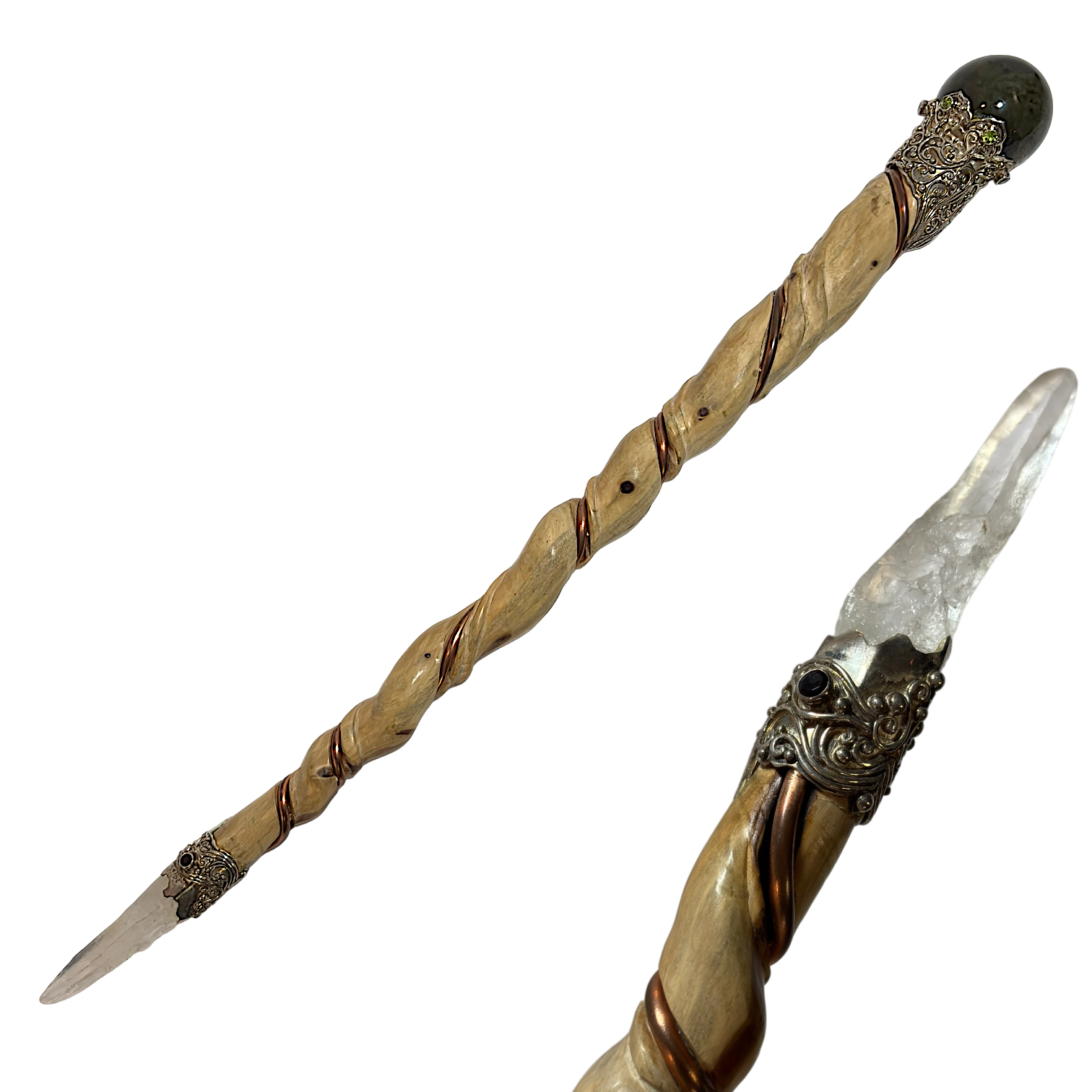 Wooden Wand w. Labradorite, Garnet & Quartz