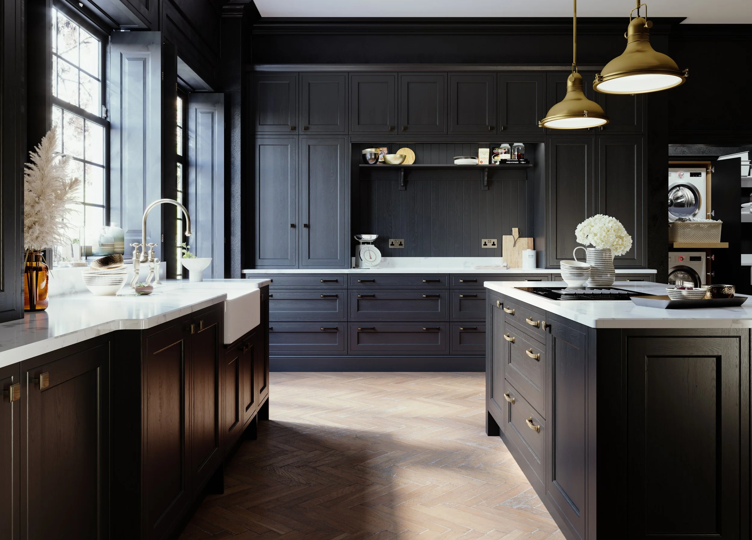 Modern black kitchen with white countertops, large window, gold pendant lights, and decorative bowls and flowers.