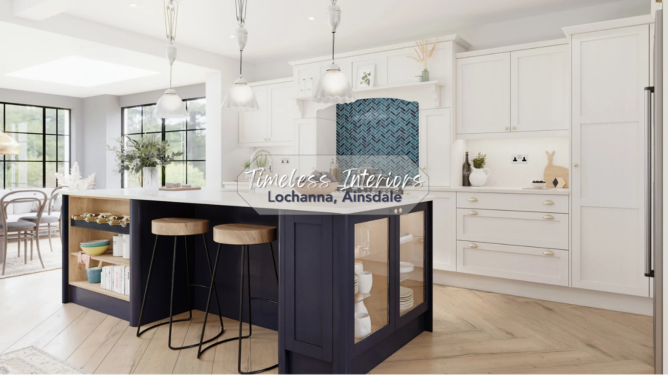 Modern kitchen with white cabinets, a navy blue island with open shelves, light wooden stools, and hanging pendant lights. Large windows and a dining area with chairs are in the background.