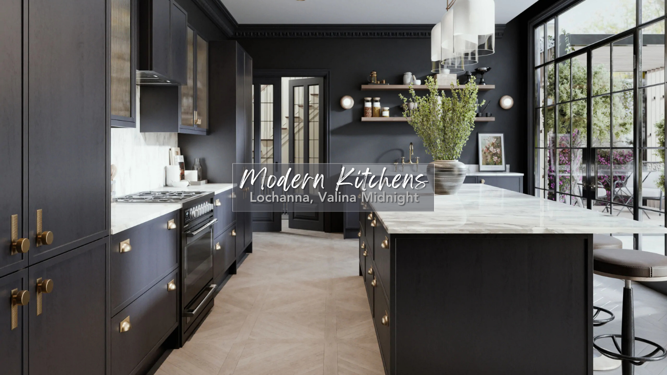 Modern kitchen with dark cabinetry, white marble countertops, large windows, and a view of an outdoor patio with chairs and potted plants.
