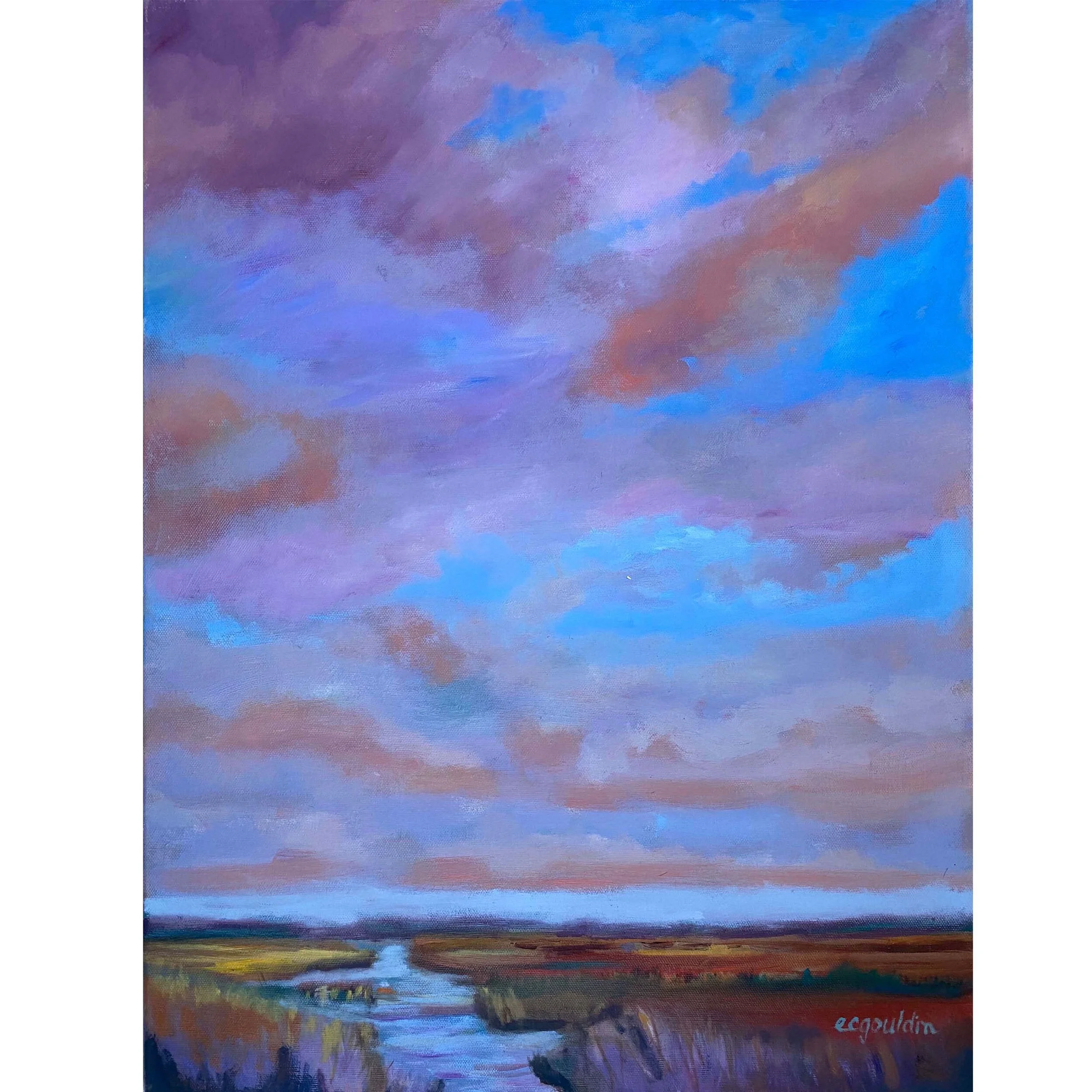 Oil on canvas painting of marsh and sky