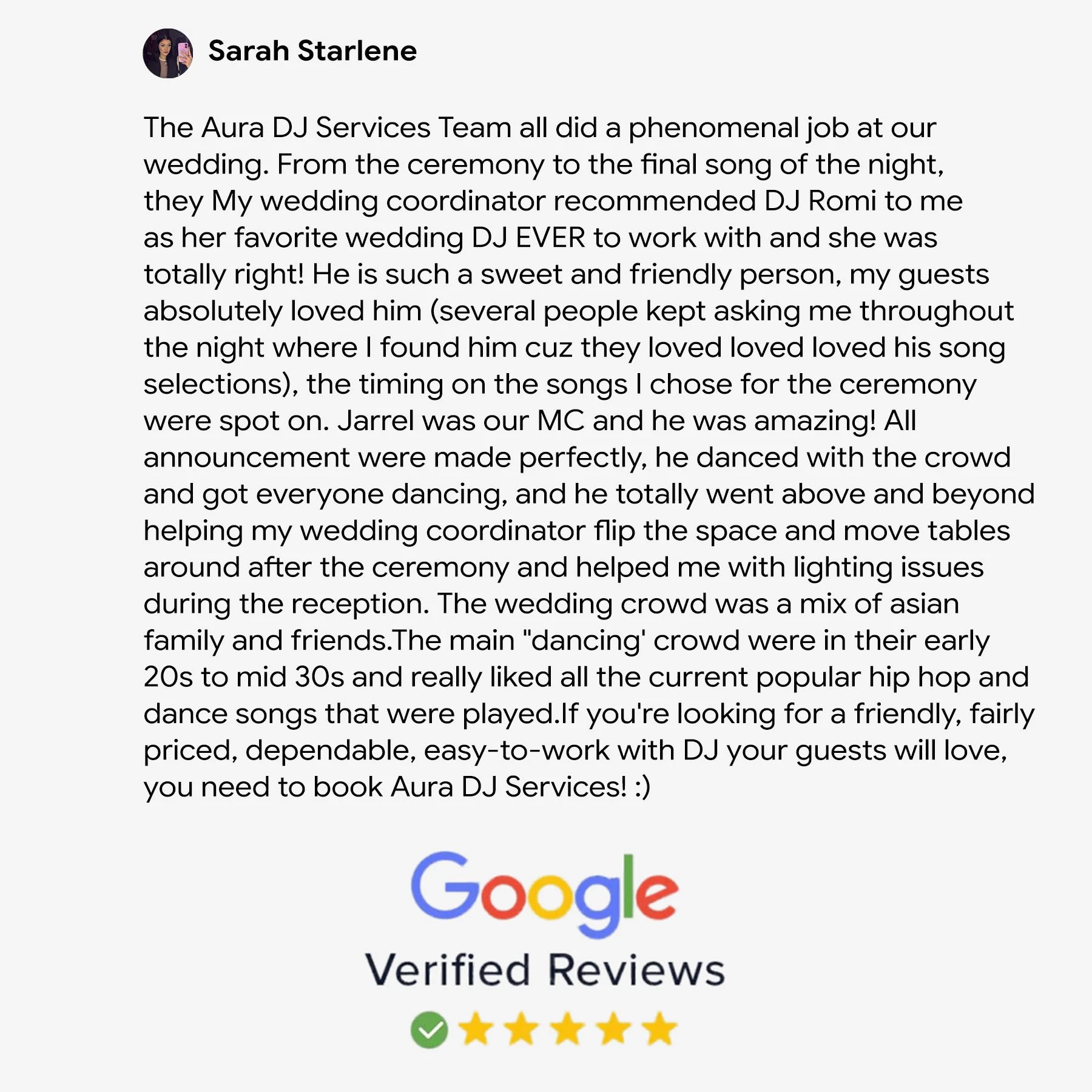 Sarah Starlene Google Review